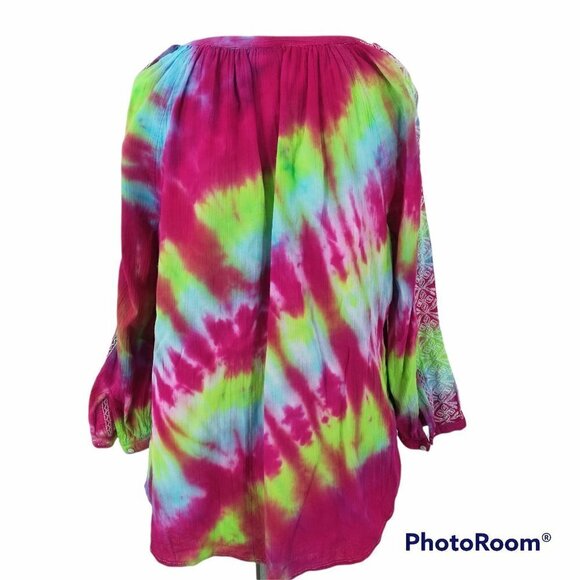 Tie-Dye Peasant Top Size M Embroidered Hippie Boho Shirt Merona OOAK - Picture 3 of 12